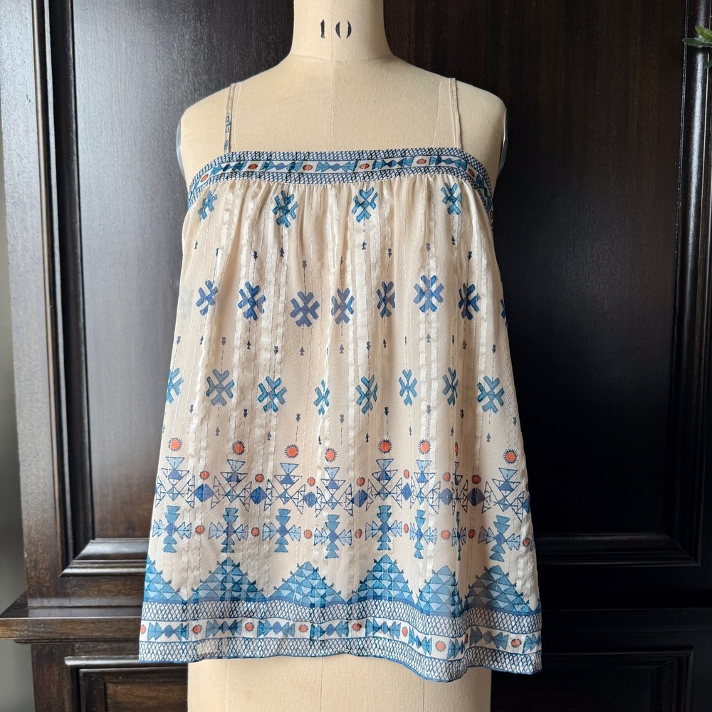 NWT JOIE Rosenda Silk Tank Blouse Aztec Print Cream Blue‎ Metallic Threads L NWT